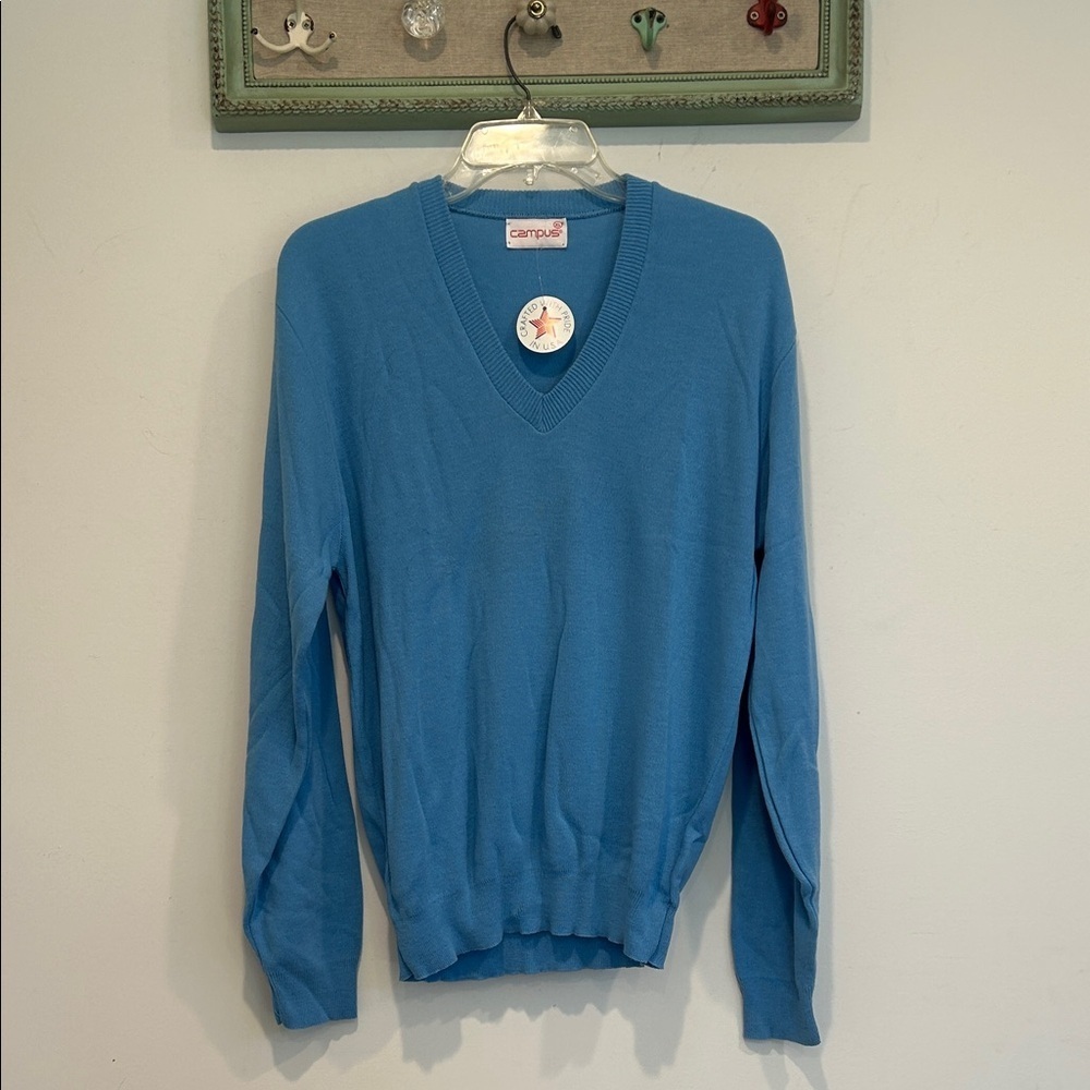 Campus Vintage 80s Powder Blue V-Neck Sweater xl deadstock new pullover